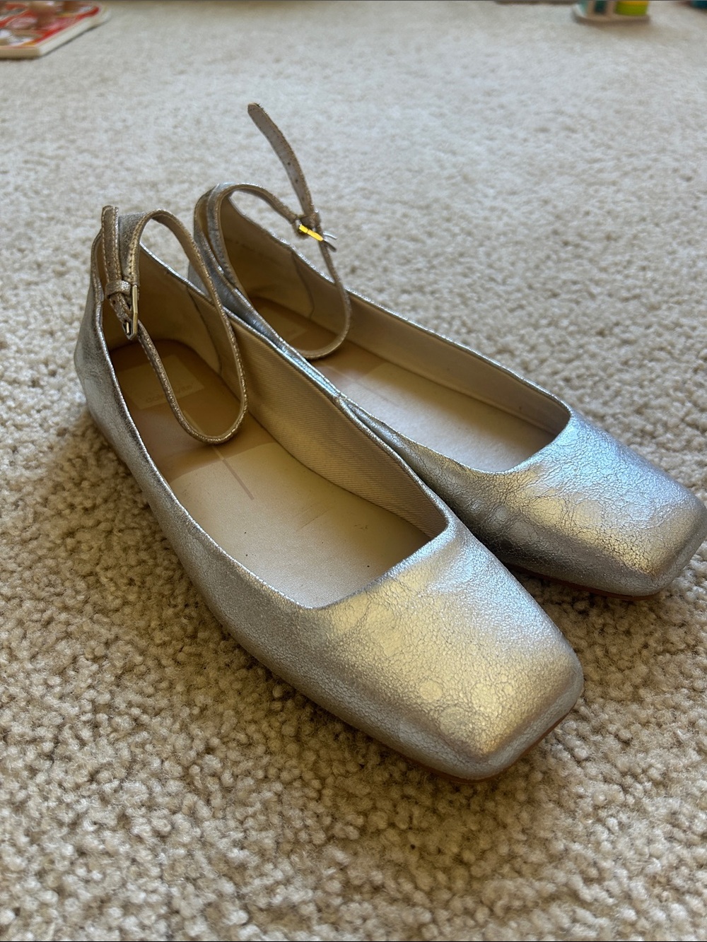 Dolce Vita Metallic Silver Square-Toe Ankle-Strap Flats